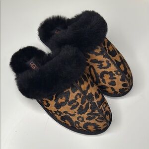 UGG Women's Tan Leopard Slippers with Black Fur